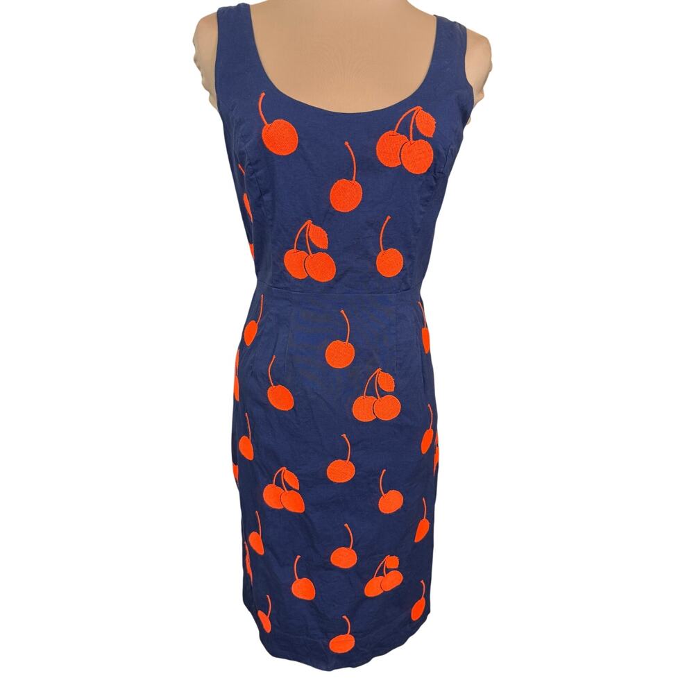 LeifNotes Anthropologie Cherry Embroidered Bow Back Dress 2 Navy Orange